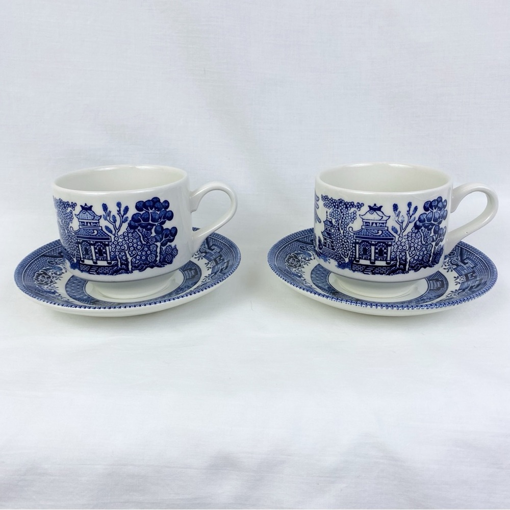 Vintage Churchill Blue Willow Teacup & Saucer Set of 2 England